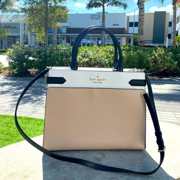 Kate Spade Silver Logo Leather Beige Black & White Tote Crossbody Satchel - Picture 4 of 16